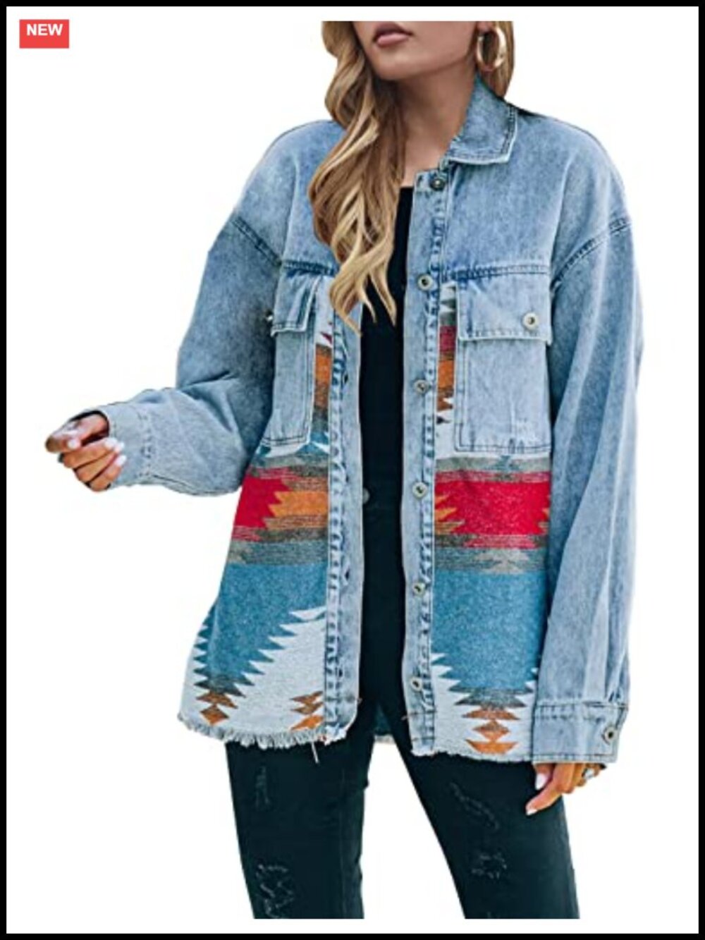 Aztec Denim Jacket Distressed Button Down Shacket Fringe Loose Fit